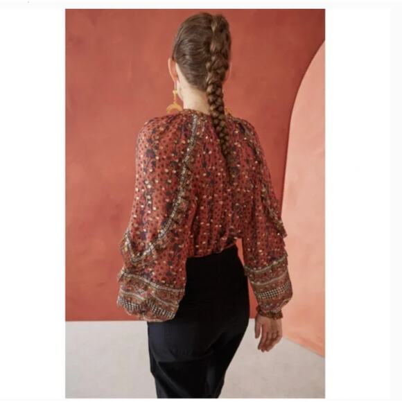 Ulla Johnson Calista Blouse Peasant Top Silk Blend Midnight Red Brown Size 2 - Picture 3 of 13